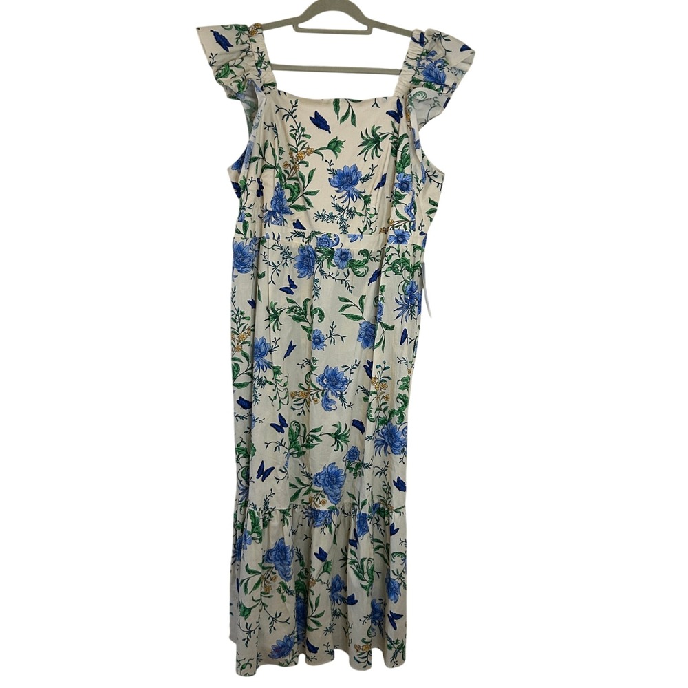Floral Ruffle Midi Dress in Cream and Blue